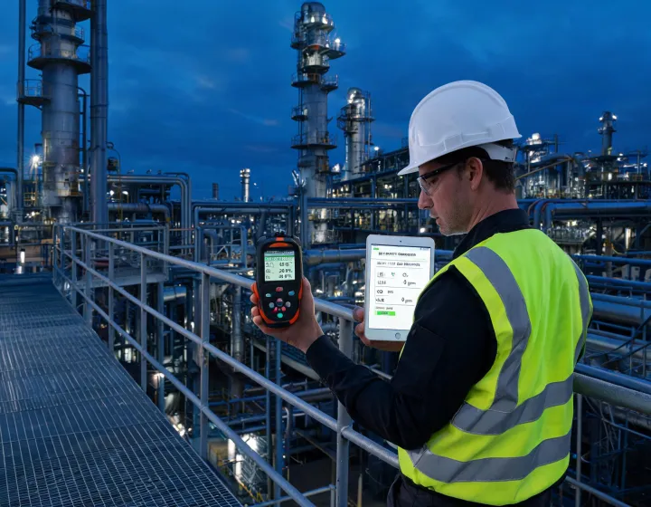 Worker checking portable gas detector dashboard