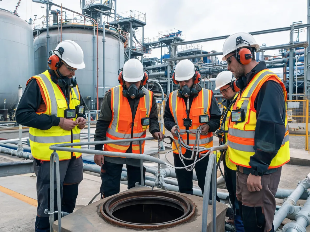 Industrial crew using gas detection at worksite